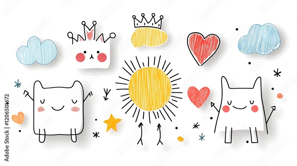 Poster a collection of playful and vibrant linear icons featuring a cheerful sticker pack with crayon drawn
