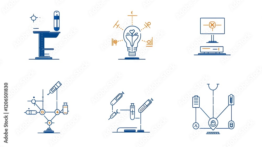 Poster This image presents a collection of 6 detailed linear icons that depict a comprehensive set of digital healthcare features  including virtual doctor consultations  online medical diagnostics