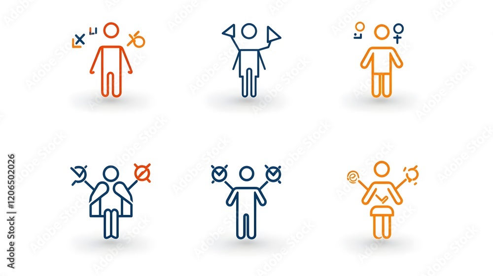 Poster collection of 6 clean and thin line art icons representing human figures teams groups