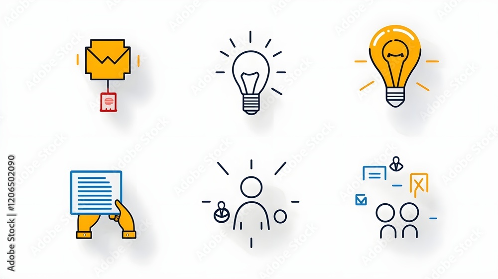 Poster collection of 6 minimal thin line icons featuring participants groups and organization members with 