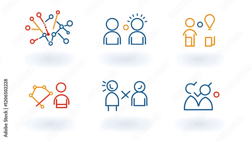 Poster collection of 6 linear icons in a clean thin line style showcasing groups participants and members o