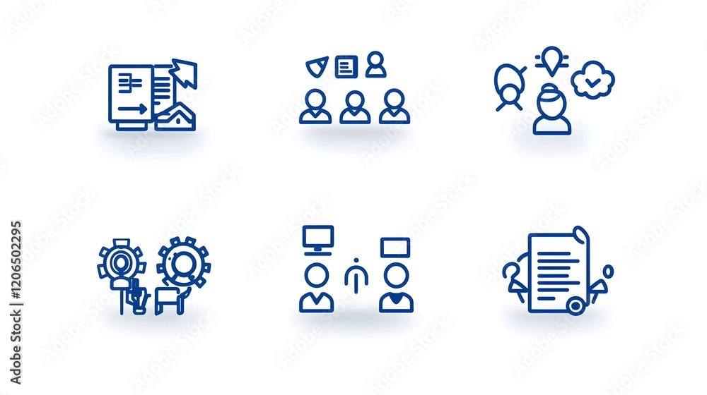 Aufkleber collection of 6 minimal thin line icons featuring participants groups and organizational members wit