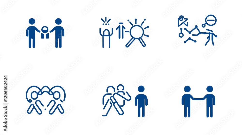 Poster collection of 6 linear icons in a clean thin line style showcasing groups participants and members o