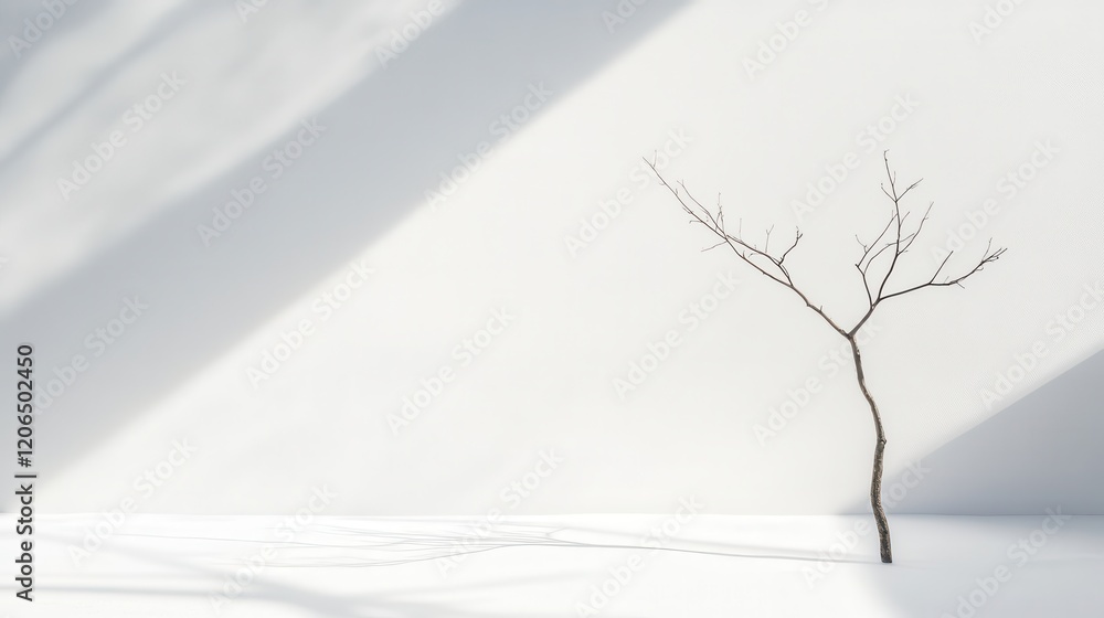 Poster minimalist composition of a single bare tree branch casting shadows in a bright, serene space
