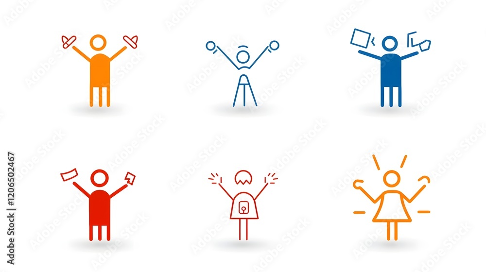 Poster collection of 6 clean thin line style icons representing the groups participants and members of an o