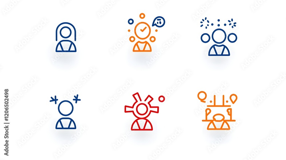 Poster This collection of 6 clean  thin line icons conveys the concept of unity within a population or social setting  The simple  modern depict groups  participants
