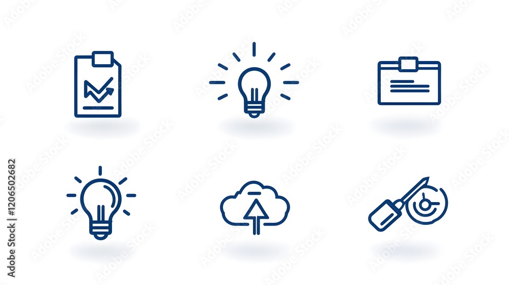 Poster collection of 6 linear thin line icons featuring clean geometric designs that showcase organizationa