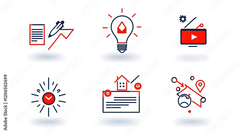 Aufkleber Collection of 6 simple and minimalist linear business marketing icons representing the concepts of agreement sponsorship and social media  These graphic design elements can be used for infographics
