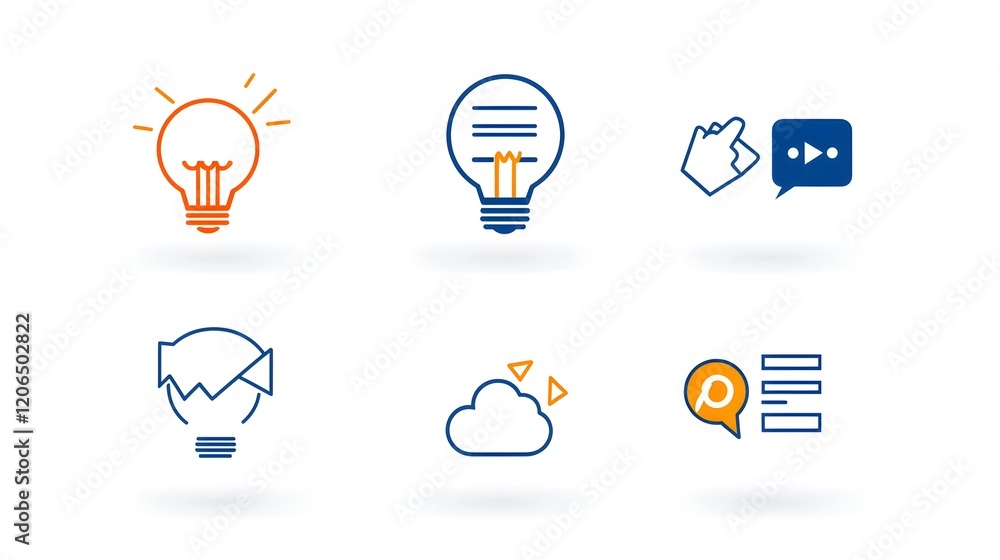 Poster collection of 6 simple and minimalist linear business marketing icons representing the concepts of a
