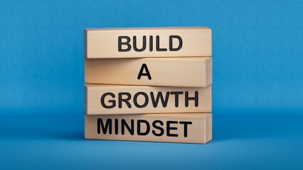 Build a growth mindset symbol. Concept words Build a growth mindset on wooden blocks.Business and Build a growth mindset world concept.3D rendering on blue background.
