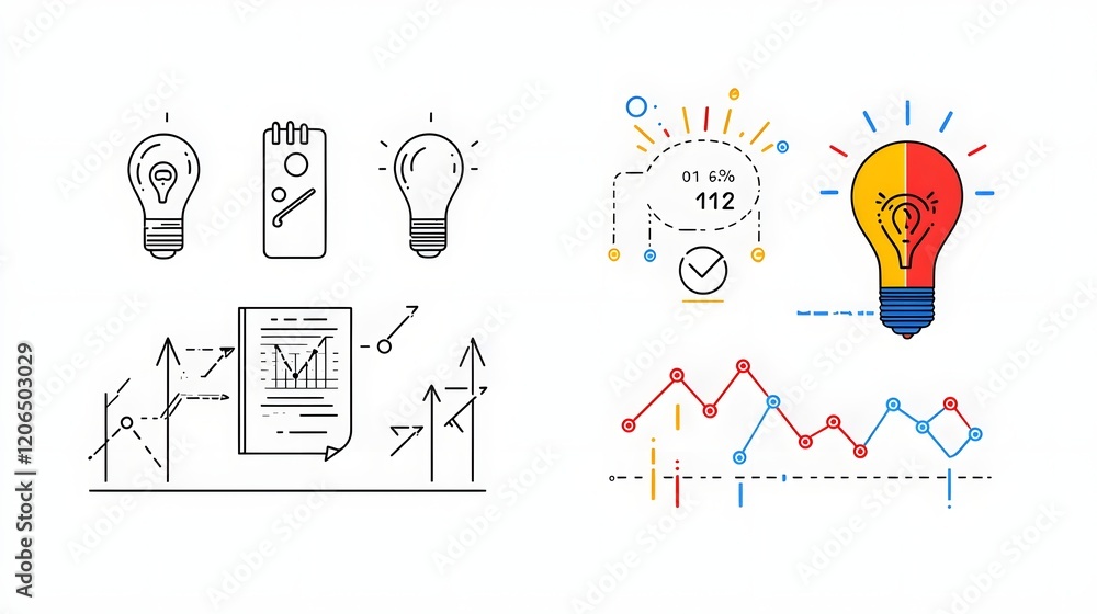 Poster Collection of linear icons symbolizing various productivity efficiency and time management elements such as growth graphs data analytics business planning teamwork and workflow optimization