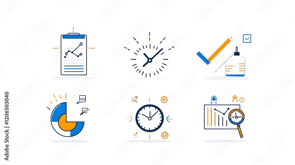 Poster Set of thin line icons representing various productivity  efficiency  and time management elements such as growth graphs  data analytics  business planning  teamwork  workflow optimization