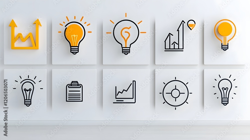 Aufkleber Collection of 6 Minimalist Linear Icons Representing Various Productivity Efficiency and Time Management Elements Such as Growth Graphs Data Analytics Business Planning Teamwork