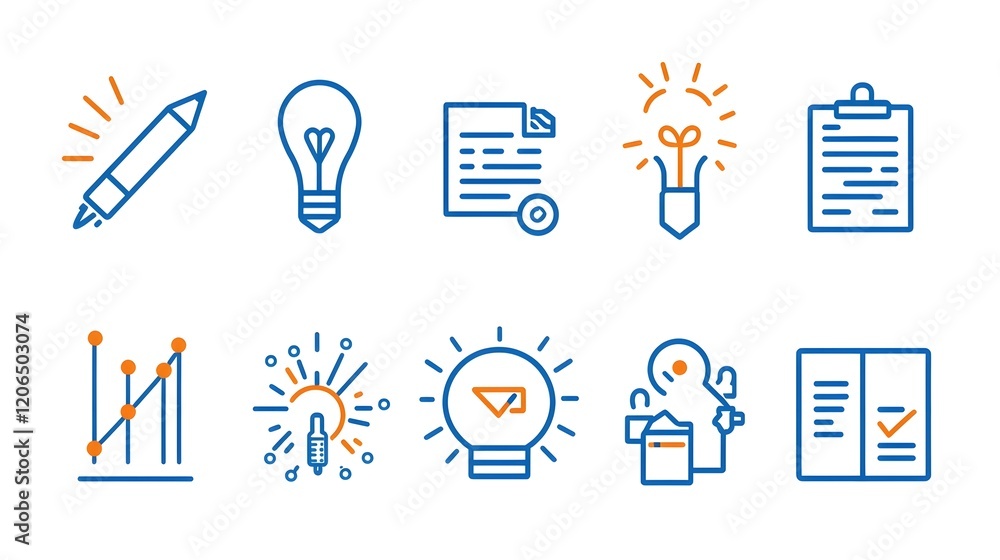 Fototapete Collection of 6 Minimal Linear Icons Representing Productivity and Efficiency Elements Such as Growth Graphs Data Analytics Business Planning Teamwork Workflow Optimization and Brainstorming