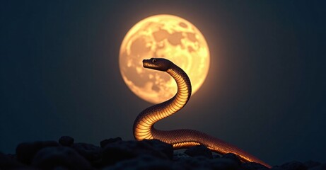 Year of the Snake 2025 poster,card,banner. A glowing snake silhouette in front of a full moon, with blank space in the sky.