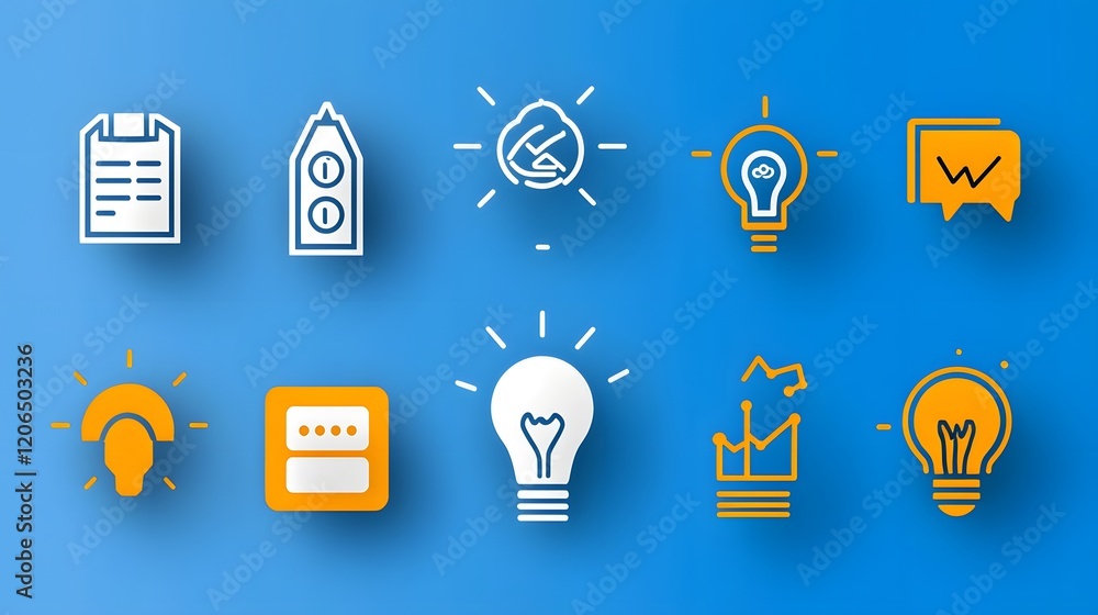 Poster Collection of 6 Thin Line Icons Representing Various Productivity Efficiency and Time Management Elements Such as Growth Graphs Data Analytics Business Planning Teamwork and Workflow Optimization