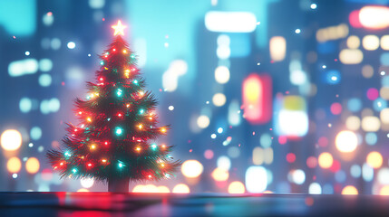 Festive Christmas tree adorned with colorful lights, set against a blurred city skyline at night