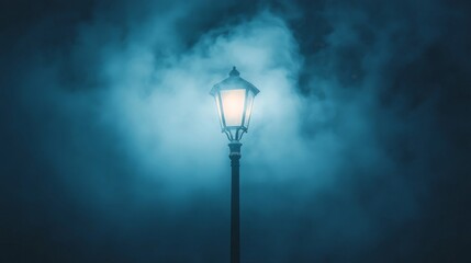Solitary Street Lamp in Thick Fog at Night