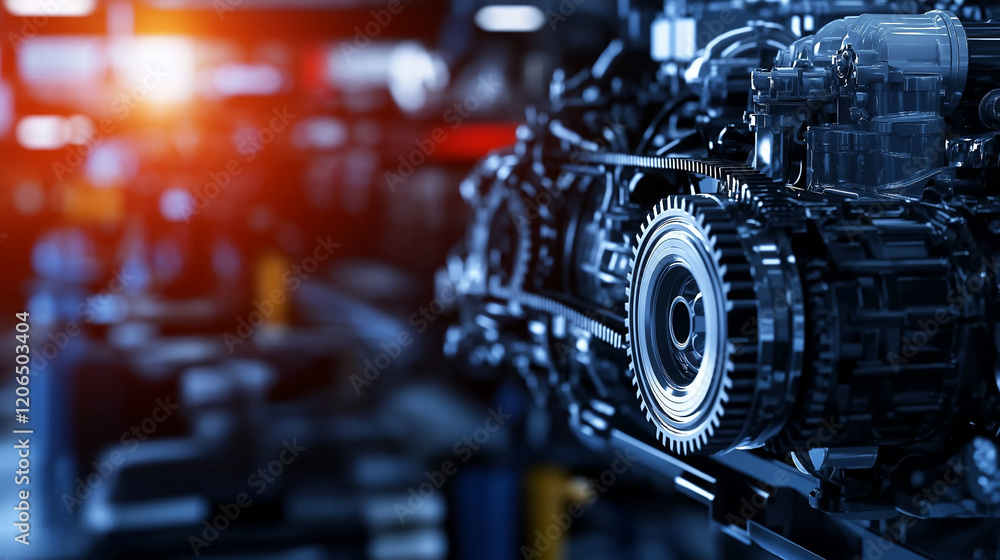 Aufkleber a close-up of a car engine in a workshop, with a focus on intricate mechanical components like the p