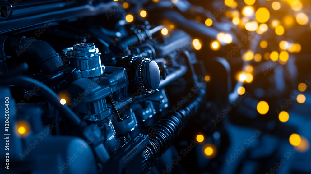Aufkleber a close-up of a car engine in a workshop, with a focus on intricate mechanical components like the p