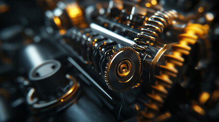 Fototapeta premium A detailed view of a car engineâs finely engineered parts, showing the precision of the timing belt, spark plugs, and exhaust manifold, set against a backdrop of industrial tools