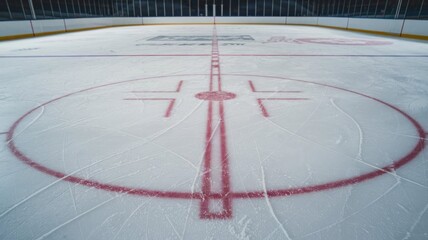 Top-down close-up view of an ice hockey rink, showing the textured surface and lines