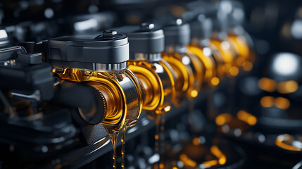 A high-resolution close-up of a car engine, with oil slicks on the metallic components, highlighting the detailed craftsmanship of the camshaft and cylinder heads