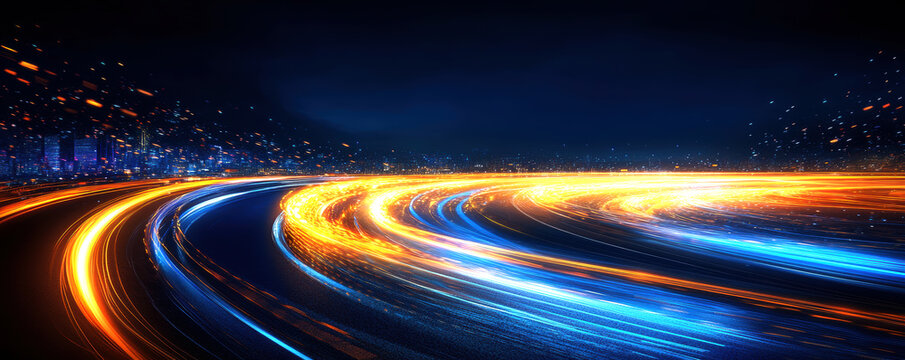 A vibrant nighttime cityscape showcasing dynamic light trails, reflecting the energy of urban life.