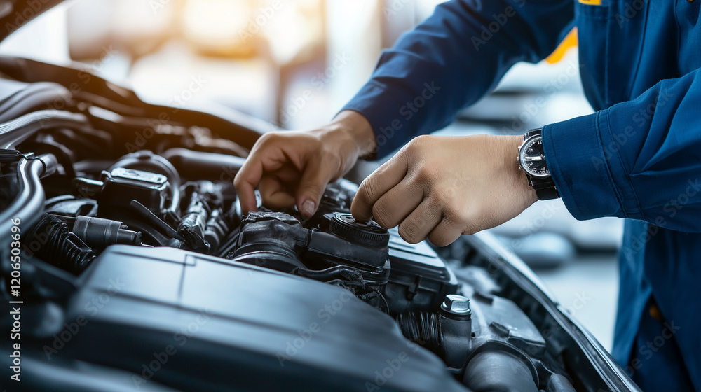 Poster a mechanicâs hands working on the engine bay of a car, closely inspecting the cylinder block and c