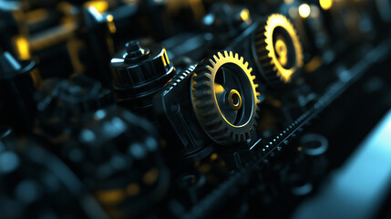 A tight shot of the internal components of a car engine, focusing on the gears, camshaft, and valves, with the precision craftsmanship clearly visible in the workshop setting