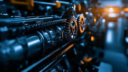 A close-up shot of the car engineâs inner workings, with polished metal parts like the crankshaft and timing gears, the workshop filled with mechanical tools in the background