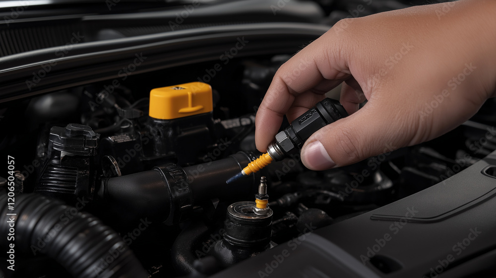Poster a mechanicâs hand installing a new spark plug into the car engine, with a close-up view of the eng