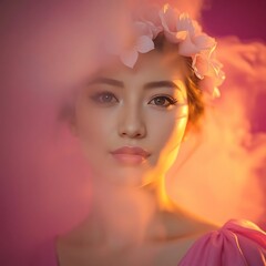 Dreamy portrait of a young woman with flower crown in pink smoke.