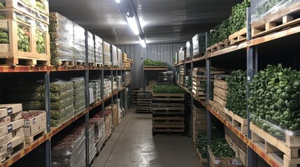 Fototapeta premium Commercial Cold Storage Warehouse Filled with Fresh Produce Vegetables and Herbs on Pallets