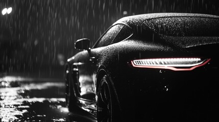 Black sports car in heavy rain at night