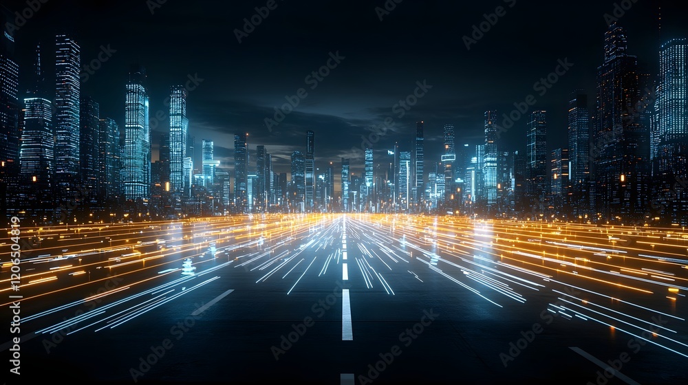 Aufkleber Glowing digital data streams flowing through a virtual cityscape showcasing futuristic technology innovation and seamless connectivity in a bustling metropolis