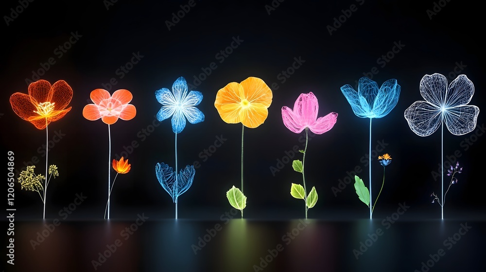 Leinwandbilder Glowing floral patterns on a dark background showcasing a elegant digital design  This modern and unique features luminous colorful flowers and blossoms