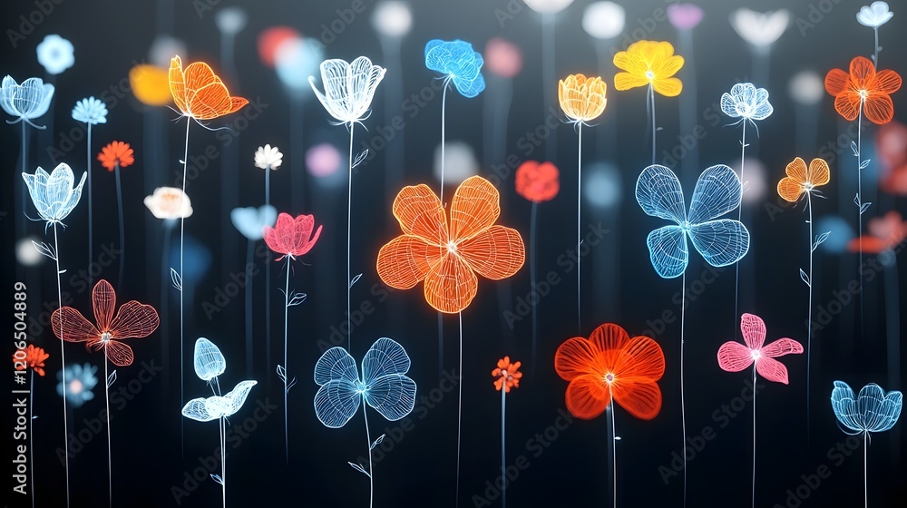Poster Glowing and vibrant floral patterns with a modern and elegant design on a black background creating a captivating and mesmerizing atmosphere  The intricate