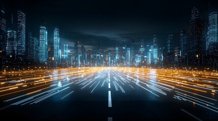 Glowing digital data streams flowing through a virtual cityscape showcasing futuristic technology innovation and seamless connectivity in a bustling metropolis