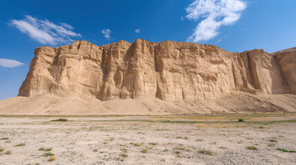 Majestic desert cliffs rise against clear blue sky, showcasing natural beauty. landscape features dry terrain and sparse vegetation, evoking