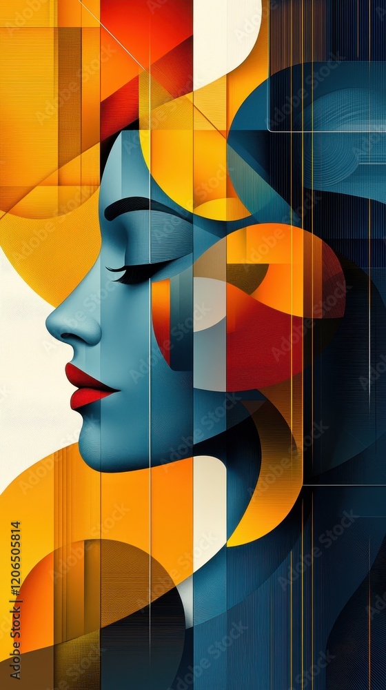 Poster womans face with colorful abstract background featuring swirls and shapes in various colors and patt