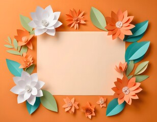 Obraz premium Colorful paper flowers and leaves framing a blank card on orange background