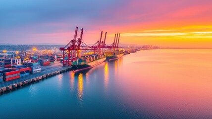Obraz premium A beautiful sunset over a busy shipping port with vibrant colors.