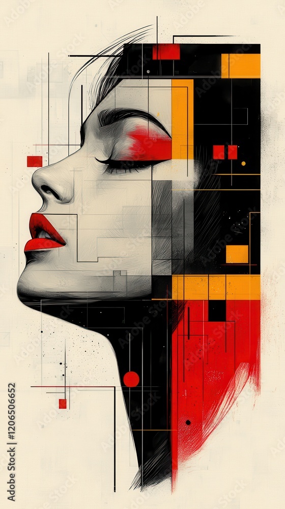 Poster womans face with a pattern of red and black squares creating a unique artistic portrait