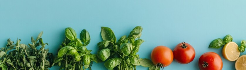 Fototapeta premium Fresh Herbs, Tomatoes, and Lemon on Blue Background - Flat Lay