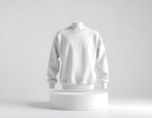 White blank sweatshirt on mannequin on round platform floating over white background, perfect for showcasing your apparel designs