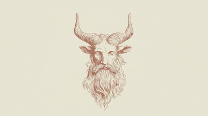 Obraz premium Pensive Goat-Man Portrait, Beige Background, Minimalist Line Art