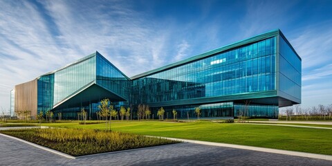 Obraz premium Modern Glass Office Building, Sunny Day, Minimalist Architecture, Landscaping