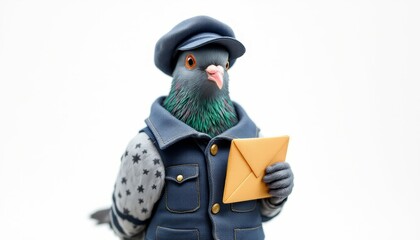Pigeon Mailman in Uniform Holding Envelope