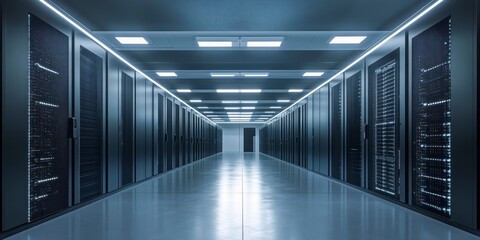 Fototapeta premium Server Room Corridor, Modern Data Center Interior, Futuristic Technology, Dark Blue Lighting